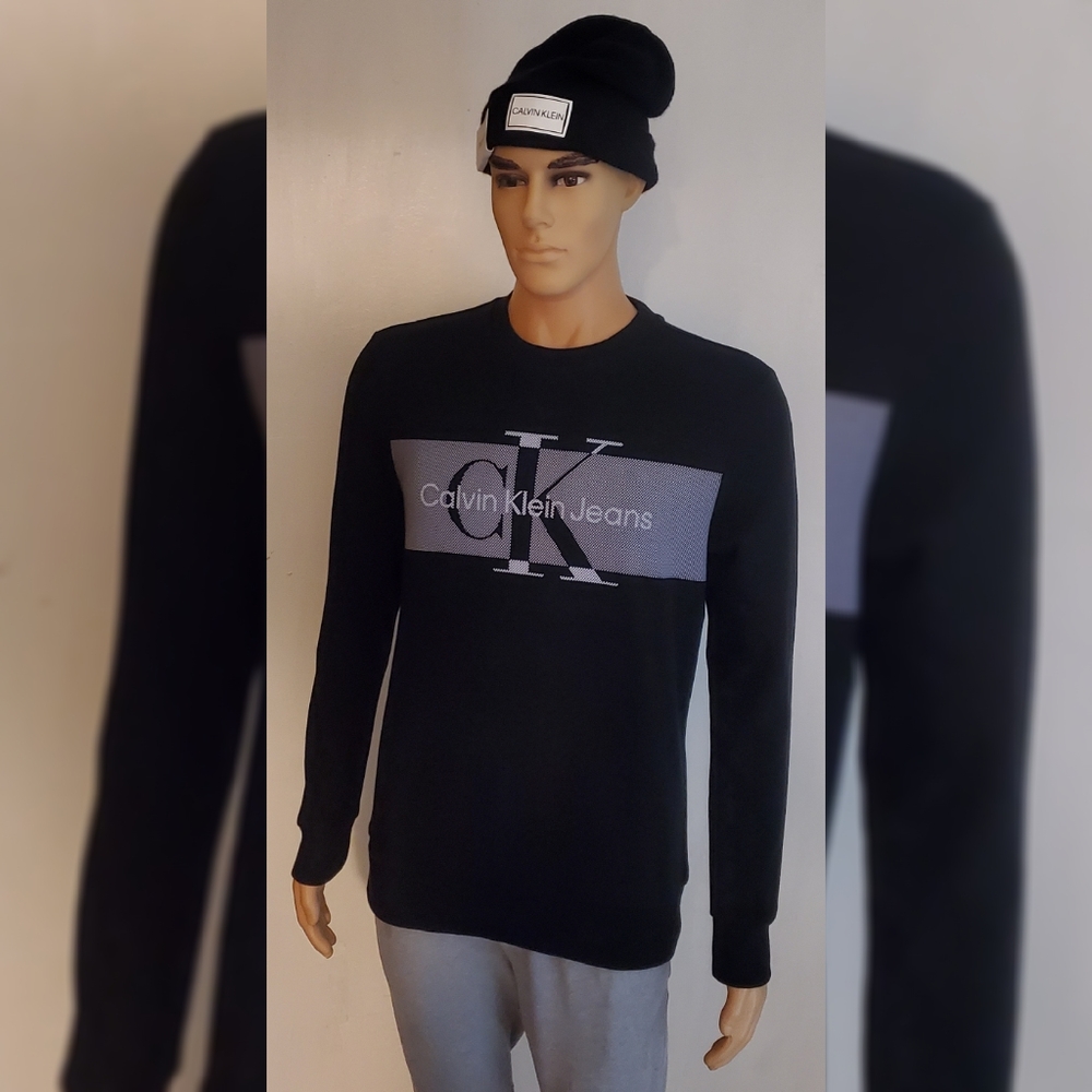 CALVIN KLEIN FLEECE SWEATSHIRT MEN'S MONOGRAM FLASH STRIPE CK LOGO BLACK SZ L